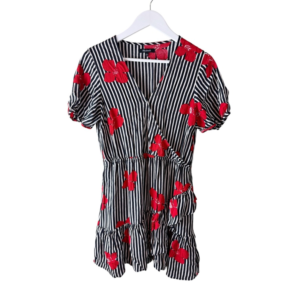 Madewell Women 10 Black White‎ Striped Red Floral Faux Wrap Mini Dress Viscose